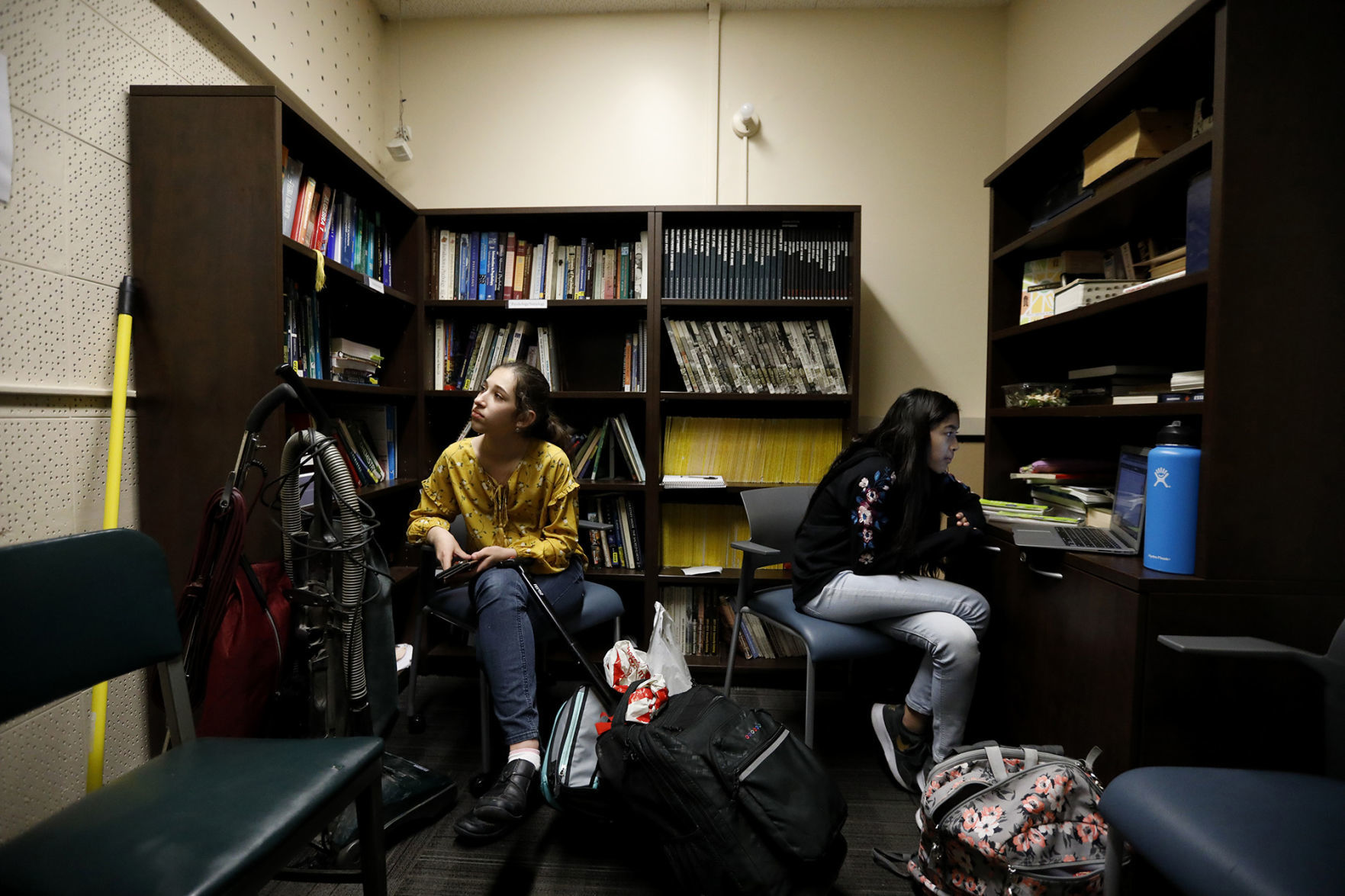 California State University, Los Angeles student Mia Turel, 13, left, and her friend Shanti Raminani, 12, right, hang out after their Chemistry Lab in Los Angeles on February 12, 2019. They both participate in the Early Entrance Program.